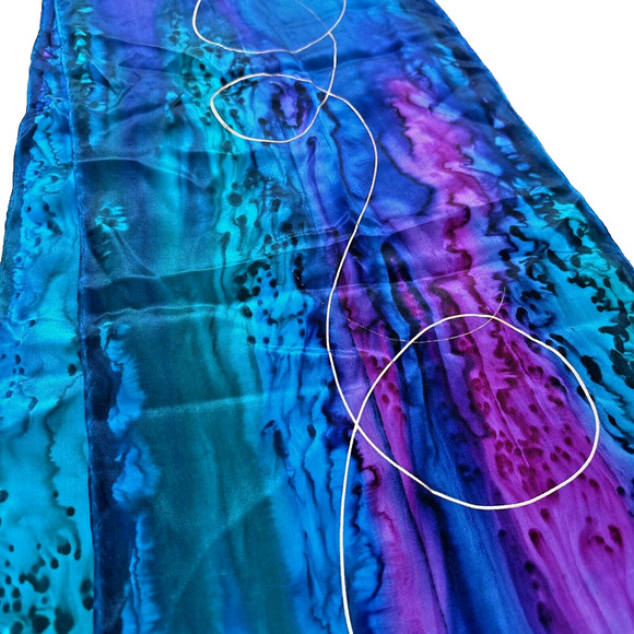 Artisan Hand Painted Pure Silk Scarf Gem Tone Colors Gold Swirls Long Rectangle - Picture 1 of 11